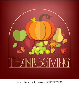 Happy Thanksgiving Day elements set - pumpkin, apple, grapes, pear, autumn leaves isolated. Paper cut out style vector illustrations.