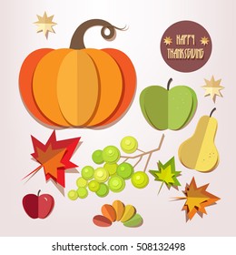 Happy Thanksgiving Day elements set - pumpkin, apple, grapes, pear, autumn leaves isolated. Paper cut out style vector illustrations.