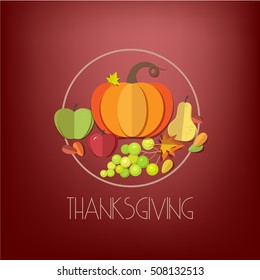 Happy Thanksgiving Day elements set - pumpkin, apple, grapes, pear, autumn leaves isolated. Paper cut out style vector illustrations.