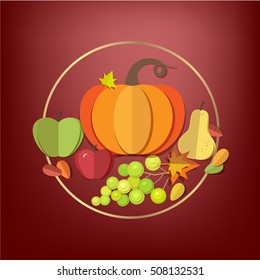 Happy Thanksgiving Day elements set - pumpkin, apple, grapes, pear, autumn leaves isolated. Paper cut out style vector illustrations.