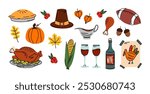 Happy thanksgiving day elements. Vector Hand drawn Thanksgiving big set. Doodle traditional food, pumpkin, pie, turkey, wine, corn, cranberry sauce and american football ball, pilgrim hat, leaves