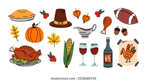 Happy thanksgiving day elements. Vector Hand drawn Thanksgiving big set. Doodle traditional food, pumpkin, pie, turkey, wine, corn, cranberry sauce and american football ball, pilgrim hat, leaves