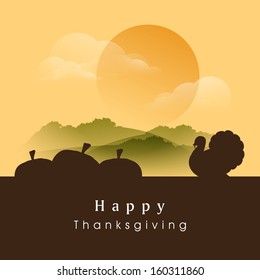 Happy Thanksgiving Day evening background with silhouette of pumpkins and turkey bird, can be use as flyer, banner or poster. 