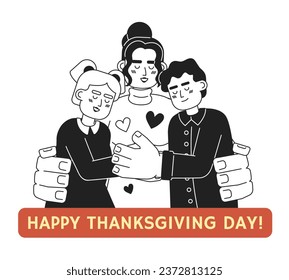 Happy thanksgiving day family black and white cartoon flat illustration. Latin kids mother linear 2D characters isolated. Together tradition. Hispanic mom and children monochromatic scene vector image