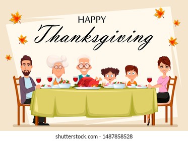 Happy Thanksgiving day. Happy family enjoying thanksgiving meal at the table. Vector illustration.