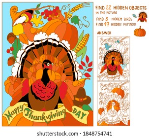 Happy thanksgiving day. Find hidden objects in picture. Thanksgiving turkey, autumn harvest from the horn of plenty. Puzzle game Hidden items. Hand drawn vector illustration