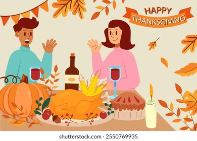 Happy thanksgiving day flat concept. Family celebrating Thanksgiving day and eating delicious food together. Delicious traditional holiday dishes on plates. Characters eat food to the festive table