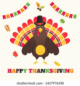Happy thanksgiving day flat style design poster vector illustration with turkey, text, autumn leaves. and flags. Turkey with hat and colored feathers celebrate holidays!