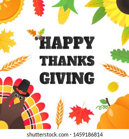 Happy thanksgiving day flat style design poster vector illustration with turkey, text, autumn leaves, sunflower, corn and pumpkin. Turkey with hat and colored feathers celebrate holidays!