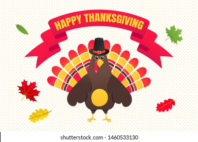 Happy thanksgiving day flat style design poster vector illustration with turkey, text and autumn leaves. Turkey with hat and colored feathers celebrate holidays!