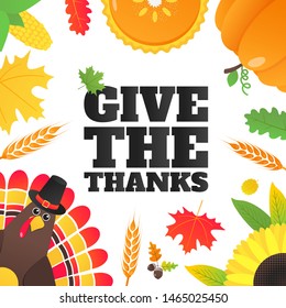 Happy thanksgiving day flat style design poster vector illustration with turkey, text, autumn leaves, sunflower, corn and pumpkin. Turkey with hat and colored feathers celebrate holidays!