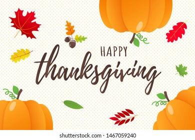 Happy thanksgiving day flat style design poster vector illustration with big pumpkins and autumn leaves. Celebrate holidays!