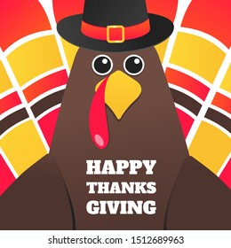 Happy thanksgiving day flat style design poster vector illustration with turkey, text and autumn leaves. Turkey with hat and colored feathers celebrate holidays