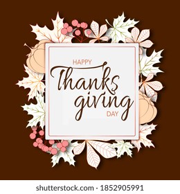 Happy Thanksgiving day foliage papercut frame card design
