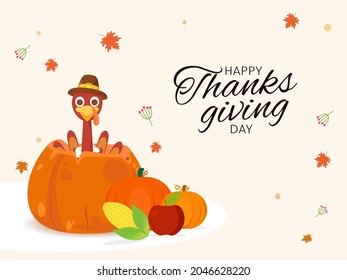 Happy Thanksgiving Day Font With Cartoon Turkey Bird, Pumpkins, Apple, Corn And Maple Leaves Decorated Background.
