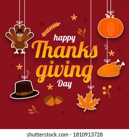 Happy Thanksgiving Day Font With Paper Cut Pumpkin, Chicken, Maple Leaf, Turkey Bird And Pilgrim Hat Hang On Red Background.