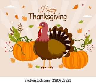 Happy Thanksgiving Day Food Autumn Fall Season with cartoon turkey and pumpkins Vector illustration