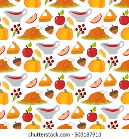 Happy thanksgiving day food seamless pattern card design with holiday objects