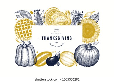 Happy Thanksgiving Day frame. Vector hand drawn illustrations. Greeting Thanksgiving design template in retro style. Autumn background.