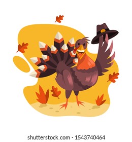 Happy Thanksgiving Day. Funny cartoon turkey bird in pilgrim hat. Vector illustration in cartoon style. Isolated on white background 