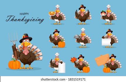 Happy Thanksgiving Day. Funny cartoon character Thanksgiving Turkey bird, set of ten poses. Vector illustration on blue background
