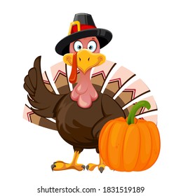 Happy Thanksgiving Day. Funny cartoon character Thanksgiving Turkey bird standing near pumpkin. Vector illustration isolated on white background