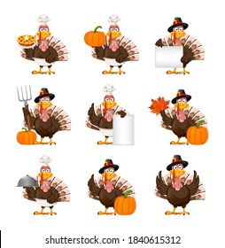 Happy Thanksgiving Day. Funny cartoon character Thanksgiving Turkey bird, set of nine poses. Vector illustration on white background