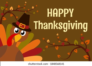 Happy Thanksgiving Day. Funny cartoon character turkey bird in pilgrim hat background wallpaper card. Vector illustration