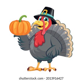 Happy Thanksgiving Day. Funny cartoon character turkey bird in pilgrim hat holding pumpkin