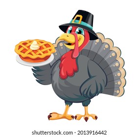 Happy Thanksgiving Day. Funny cartoon character turkey bird in pilgrim hat holding sweet pumpkin pie