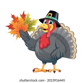 Happy Thanksgiving Day. Funny cartoon character turkey bird in pilgrim hat holding maple leaves