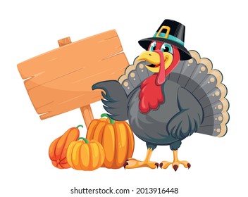 Happy Thanksgiving Day. Funny cartoon character turkey bird in pilgrim hat standing near wooden banner