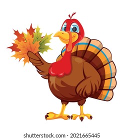 Happy Thanksgiving day. Funny cartoon character turkey bird