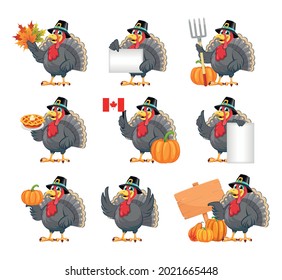 Happy Thanksgiving Day. Funny cartoon character turkey bird in pilgrim hat, set of nine poses