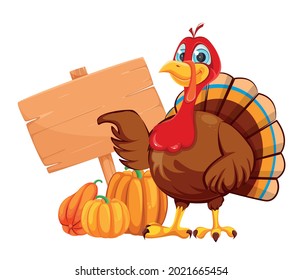 Happy Thanksgiving day. Funny cartoon character turkey bird