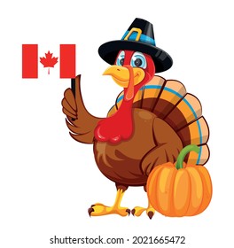 Happy Thanksgiving day. Funny cartoon character turkey bird in pilgrim hat