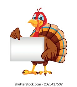 Happy Thanksgiving day. Funny cartoon character turkey bird