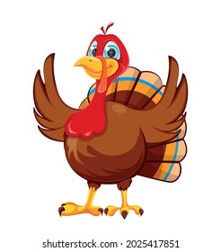 Happy Thanksgiving day. Funny cartoon character turkey bird