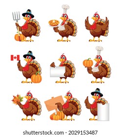 Happy Thanksgiving day. Funny cartoon character turkey bird, set of nine poses