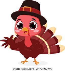 Happy Thanksgiving day with funny pilgrim turkey cartoon presenting 