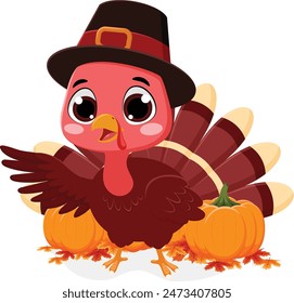 Happy Thanksgiving day with funny pilgrim turkey cartoon and pumpkin