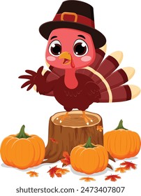 Happy Thanksgiving day with funny pilgrim turkey cartoon and pumpkin