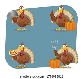 Happy Thanksgiving Day. Funny Thanksgiving Turkey bird, set of four poses. Vector illustration
