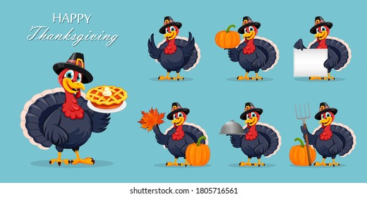 Happy Thanksgiving Day. Funny Thanksgiving Turkey bird cartoon character, set of seven poses. Vector illustration