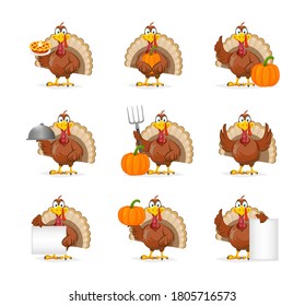 Happy Thanksgiving Day. Funny Thanksgiving Turkey bird, set of nine poses. Vector illustration