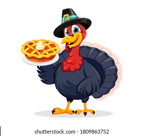 Happy Thanksgiving Day. Funny Thanksgiving Turkey Bird Cartoon Character Holding Sweet Pumpkin Pie. Vector Illustration On White Background