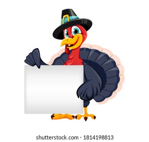 Happy Thanksgiving Day. Funny Thanksgiving Turkey bird cartoon character holding blank placard. Vector illustration on white background