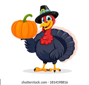 Happy Thanksgiving Day. Funny Thanksgiving Turkey bird cartoon character holding pumpkin. Vector illustration on white background