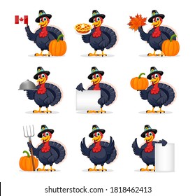 Happy Thanksgiving Day. Funny Thanksgiving Turkey bird cartoon character, set of nine poses. Vector illustration on white background