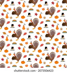 Happy Thanksgiving Day. Funny Thanksgiving Turkey bird cartoon character seamless pattern